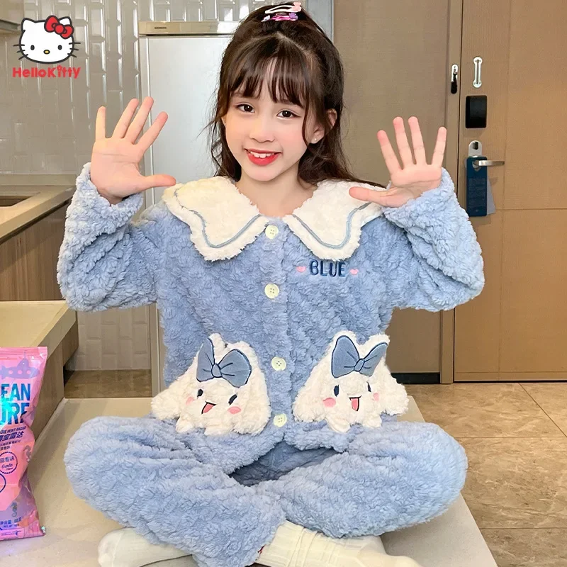 

Kawaii Sanrio My Melody Kuromi Children's Warm Pajamas Anime Cute Cinnamoroll Winter Thick Coral Velvet Girls Home Sleepwear Set