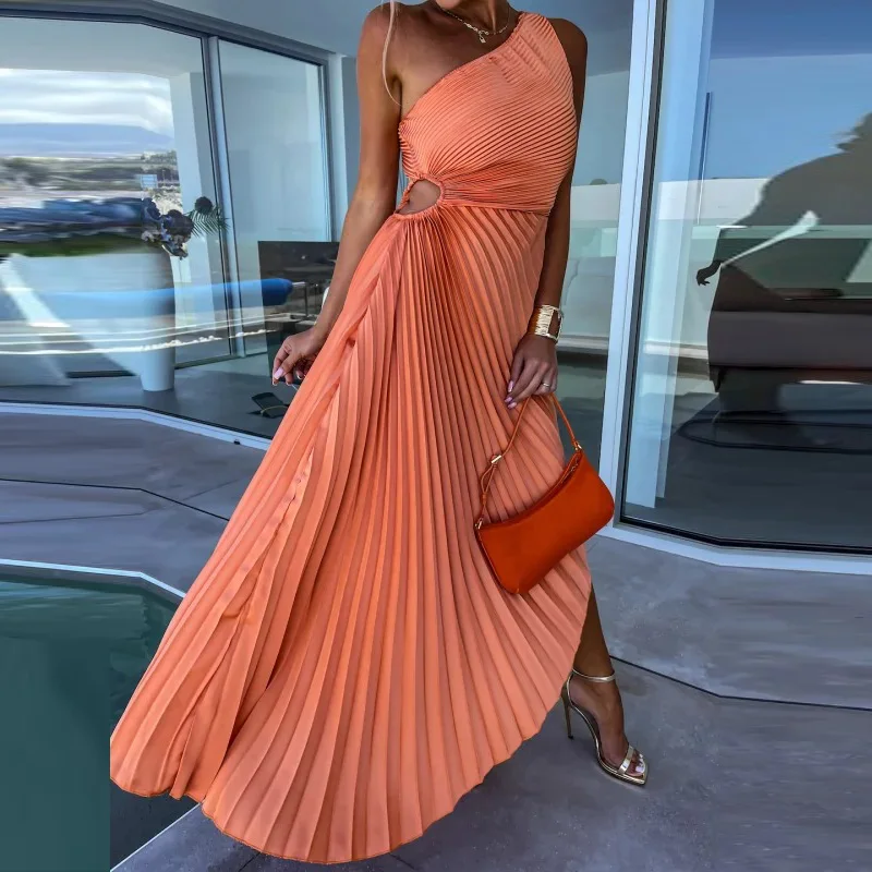 

2023 Women Commute Pleated Dress Sexy Female Irregular Hollow Waist Party Dress Luxury Cocktail Backless Slim Solid Long Dress