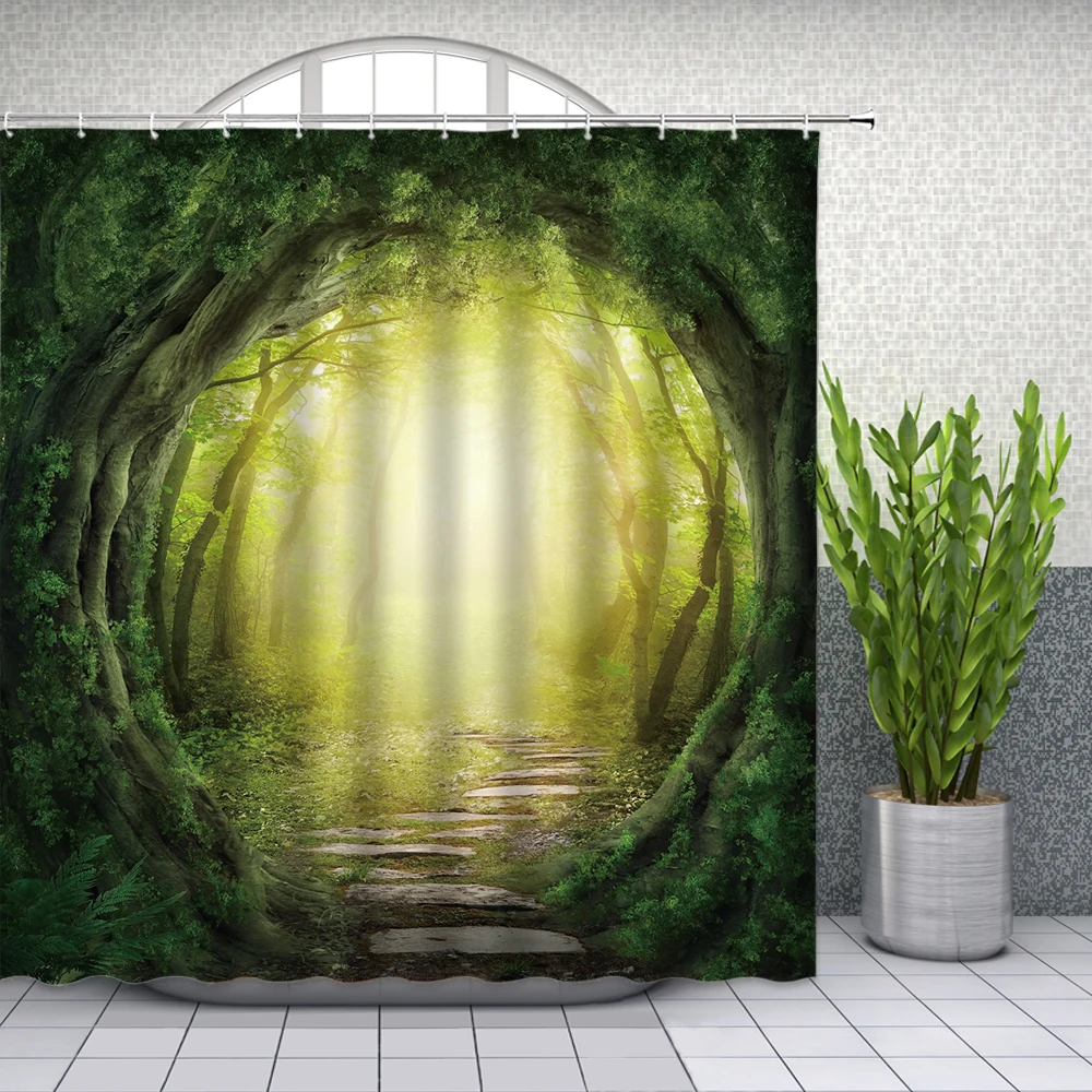 

Занавеска для душа в стиле Фэнтези лес, s, Круглая дверь дерева, туманная маленькая дорога, сказочное растение, декор для ванной комнаты, водонепроницаемый тканевый комплект занавесок
