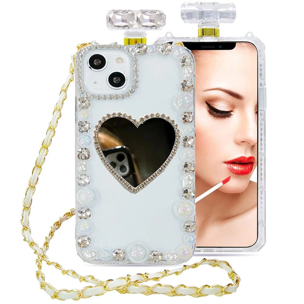 Красивый чехол из ТПУ с зеркалом для макияжа в форме сердца и бриллиантов iPhone 15 14