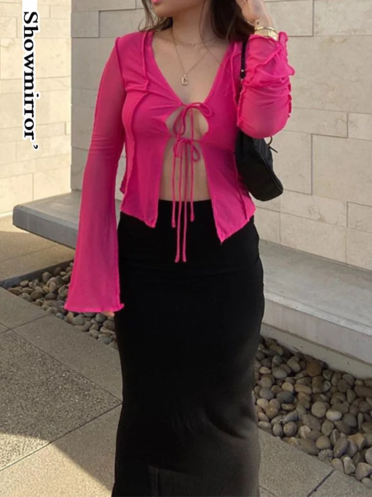 

Showmirror G Y2K Fashion Sexy Transparent Hot Pink Mesh T-shirts Vintage Streetwear Patchwork Bandage Long Sleeve Covers