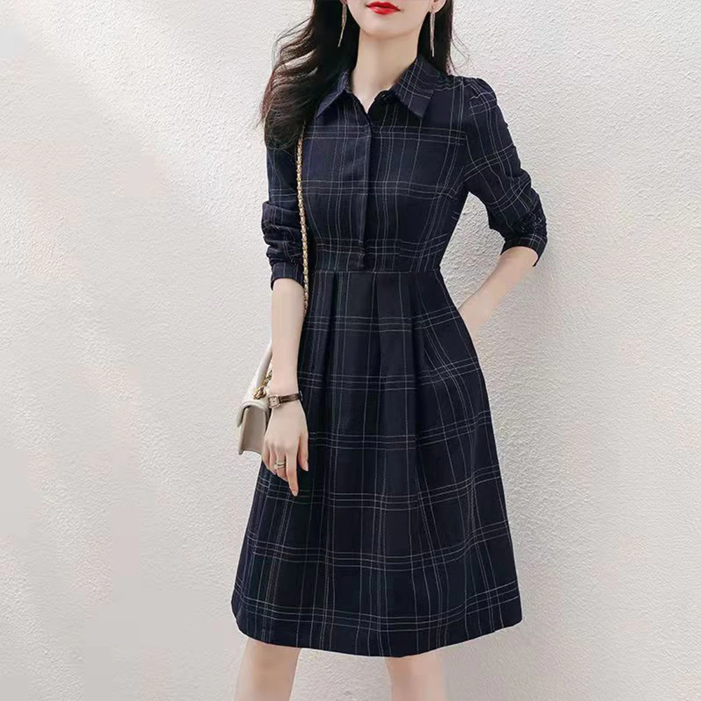 

Elegant Knits Dresses For Ladies Long Sleeve Lattice Single-breasted Patchwork Lapel High Waist Retro Spring A-line Women Dress