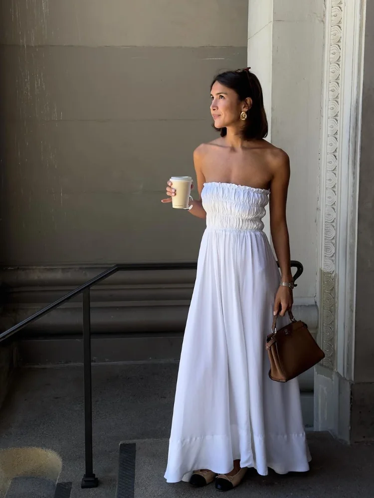 Эластичное Плиссированное длинное платье без бретелек для женщин сексуальное