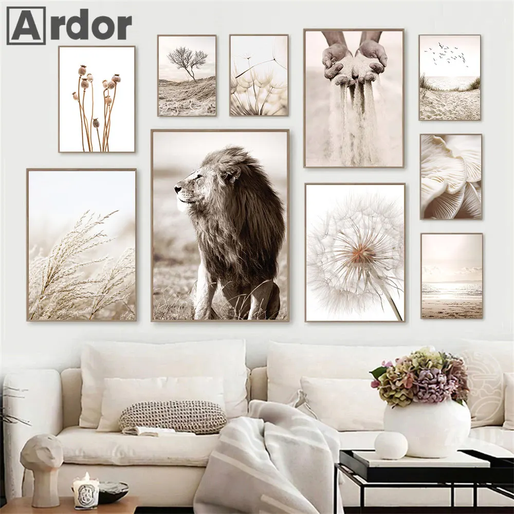 

Hay Tree Lion Landscape Poster Dandelion Canvas Painting Beige Print Reed Beach Art Posters Nordic Wall Pictures Bedroom Decor