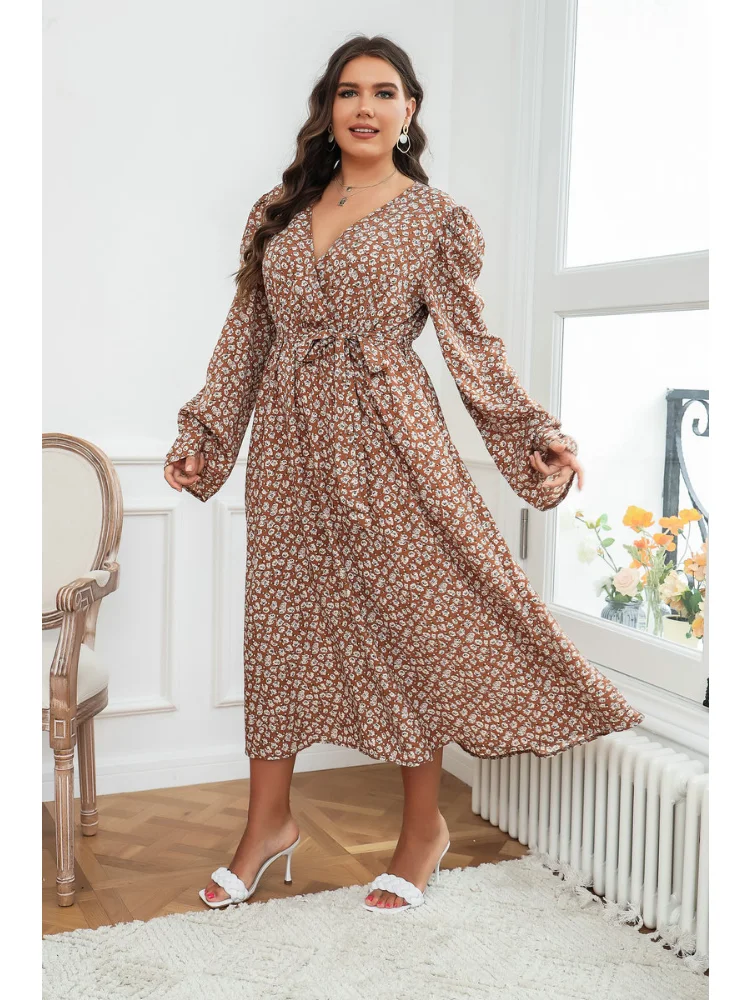 Summer New Large Fashion Foreigner Long Sleeve Skirt Slim Fragmented Flower Dress plus size dresses party dresses