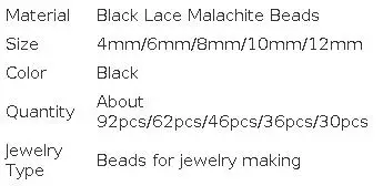 Black Lace White Malachite Stone Loose Round Beads DIY Handmade Bracelet Accessories for Jewelry Making 15" Strand 4 6 8 10 12MM