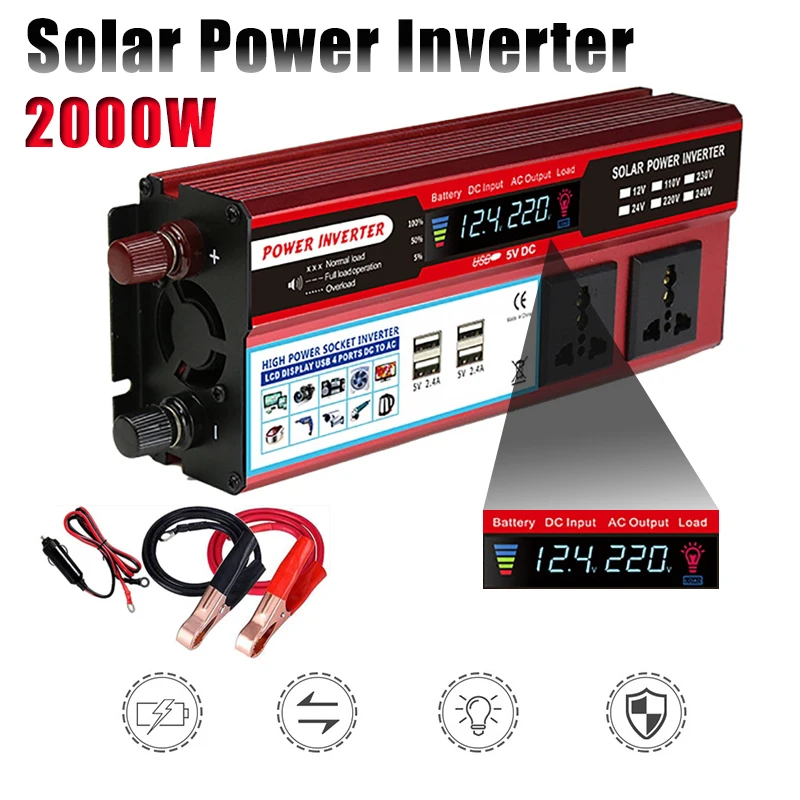 

2000W Power Inverter 12V to 220V for Car Home Appliances Electronic 4 USB Ports LCD Display Car Converter Voltage Transformer