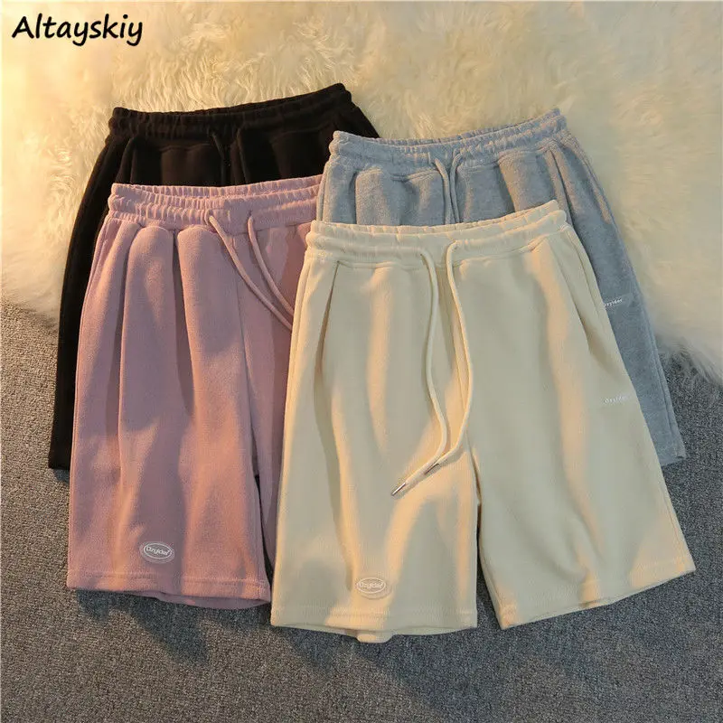 

Summer Shorts Women Classic Grey Knee Length Running Bottoms Drawstring BF Harajuku Wide-leg High Waist Outwear Baggy Streetwear