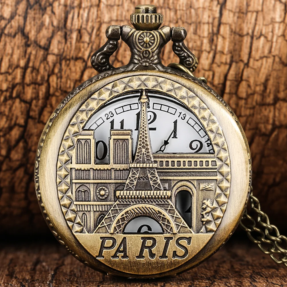 

Hollow Carved Eiffel Tower Design Pocket Watch Retro Bronze Famous Buildings In Paris Quartz Pendant Clock with Necklace Chain