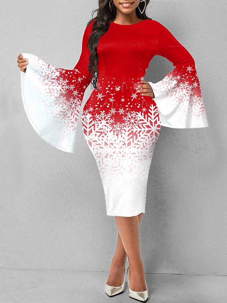 

New Casual Red Party Dresses For Women Fashion Elegant Evening O-Neck Print Christmas Dress Full Office Dresses