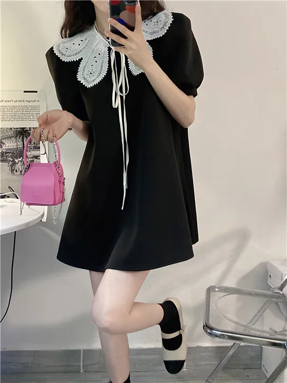

Dress for Women 2022 Summer Doll Collar Lacing Detachable Puff Sleeves Mini Loose Short Dress Solid Color Black Dress Female