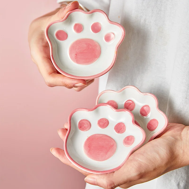 

2PCS/4PCS Small Cute Hand Painting Cat Paw Dishes Underglaze Ceramic Vinegar Soy Sauce Dish Kitchen Home Storage Ring Tray Decor