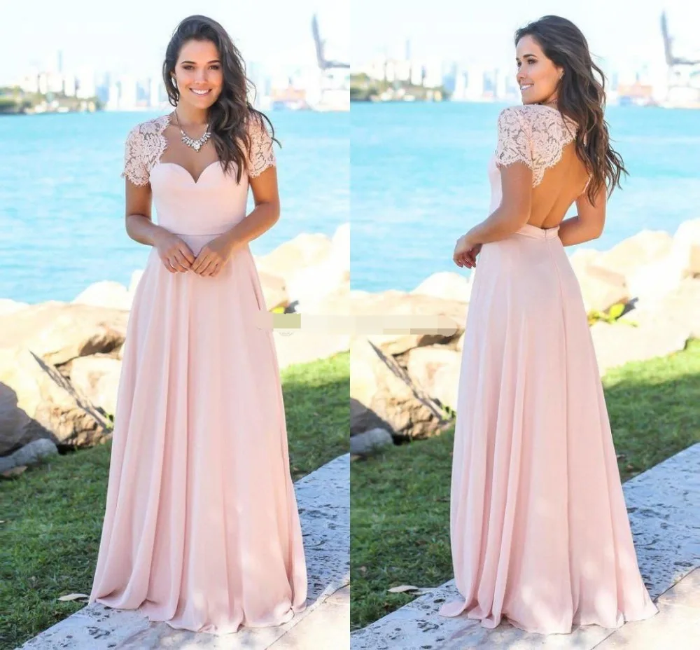 

Blush Country Bridesmaid Dresses 2019 Scoop Hollow Back Lace Top Sweep Train Chiffon Garden Wedding Guest Gowns Maid Of Honor