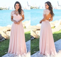 blush country bridesmaid dresses 2019 scoop hollow back lace top sweep train chiffon garden wedding guest gowns maid of honor
