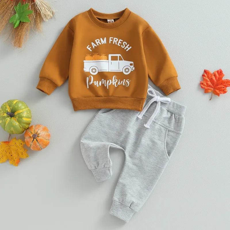 

Newborn Toddler Baby Boys 2PCS Pants Sets Autumn Clothes Long Sleeve Letter Pumpkin Tops and Drawstring Pants Sets Baby Items