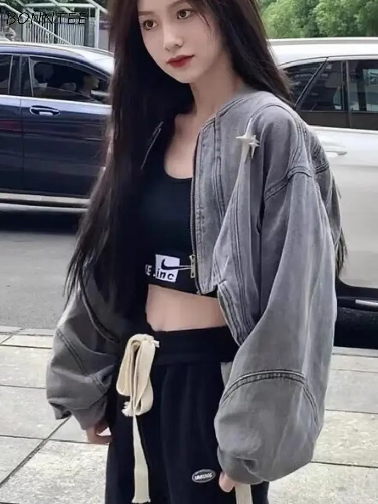 Укороченные джинсовые куртки, серые пальто, винтажная американская уличная одежда, личная Дизайнерская одежда для подростков на молнии с длинным рукавом, Y2k, одежда, Chaqueta Ins