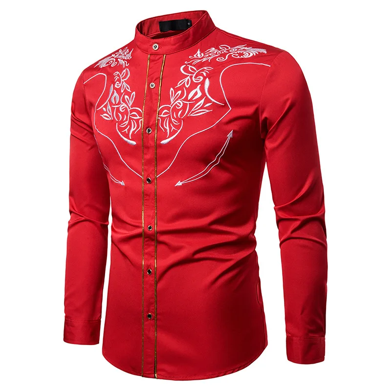 Fashion 3D Pattern Embroidery Long-sleeved Slim Shirt Men's 2022 New Korean Wedding Dress Shirt Autumn Winter Casual Wild Jacket