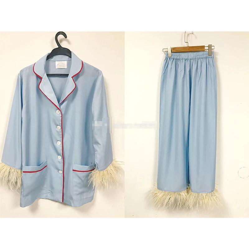 Woman Fashion Cotton Pajamas Two-piece Suit Light Luxury Ostrich Feather Nightwear Pijama Set