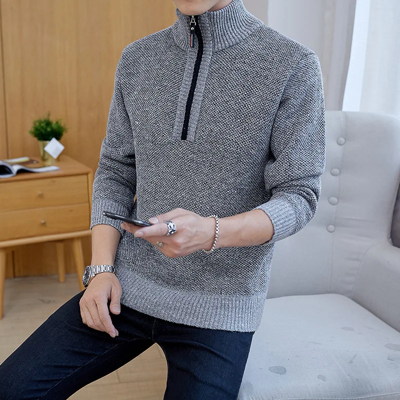 

Мужской свитер, вязаные пуловеры на молнии, теплая флисовая зимняя одежда, приталенный силуэт, повседневный мужской шерстяной роскошный ромбик, Мужская трикотажная одежда