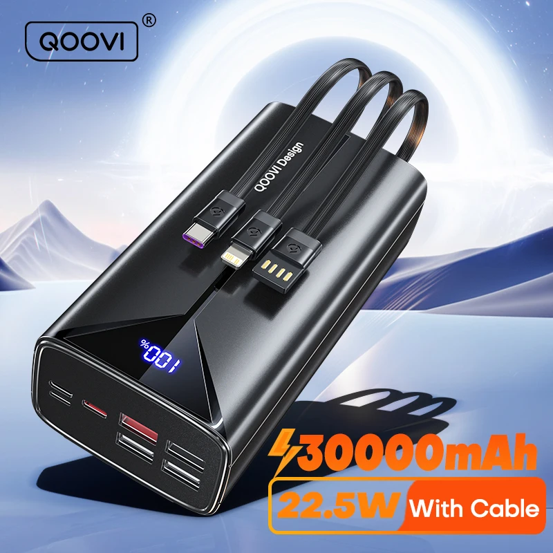QOOVI 30000mAh סוללת גיבוי 22.5W טעינה מהירה עם כבל מובנה סוללה חיצונית גדולה ניידת לאייפון סמסונג שיאומי