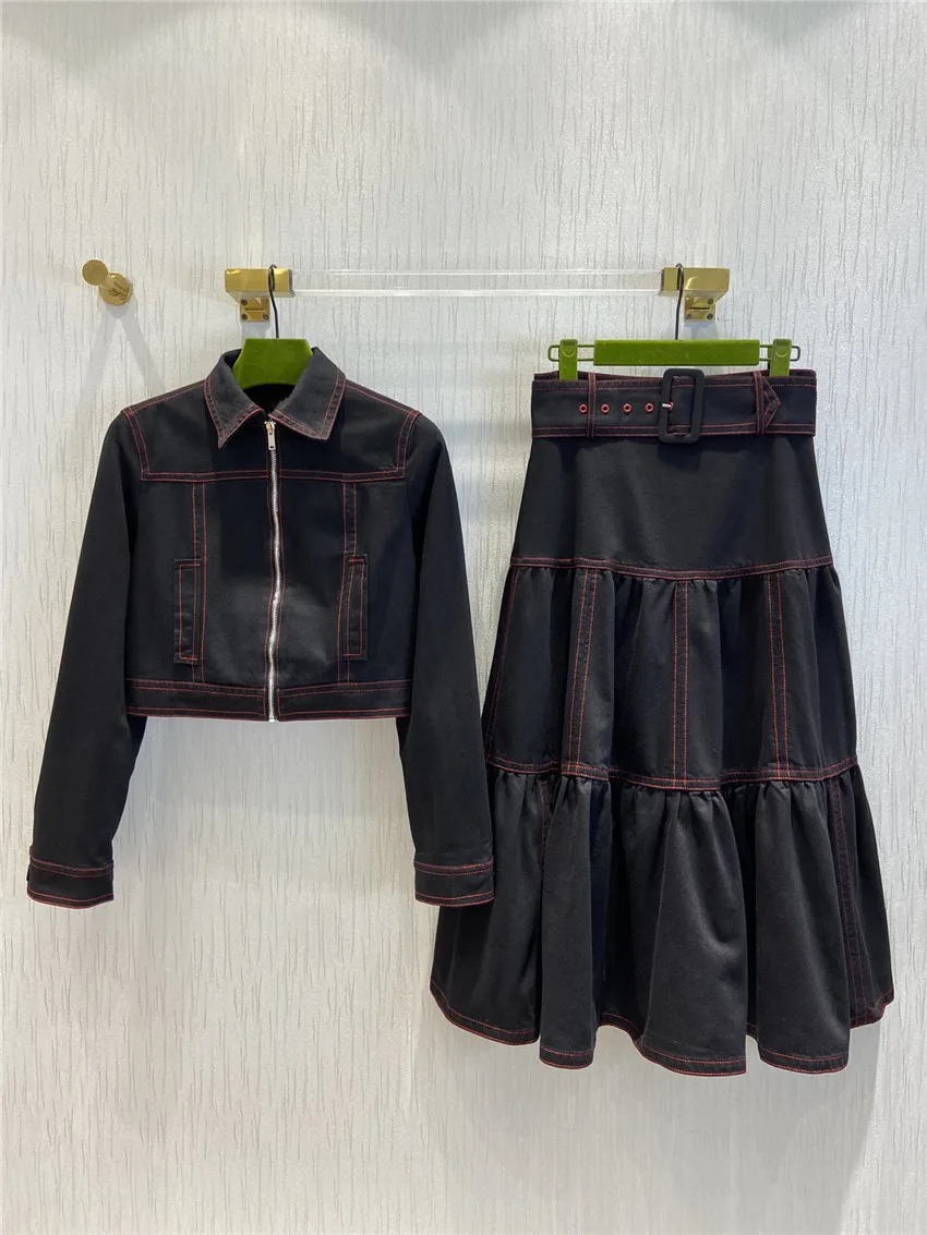 

Fashion Designer Set for Women Causel Letters Printed Short Denim Jacket and High Waist Skirt