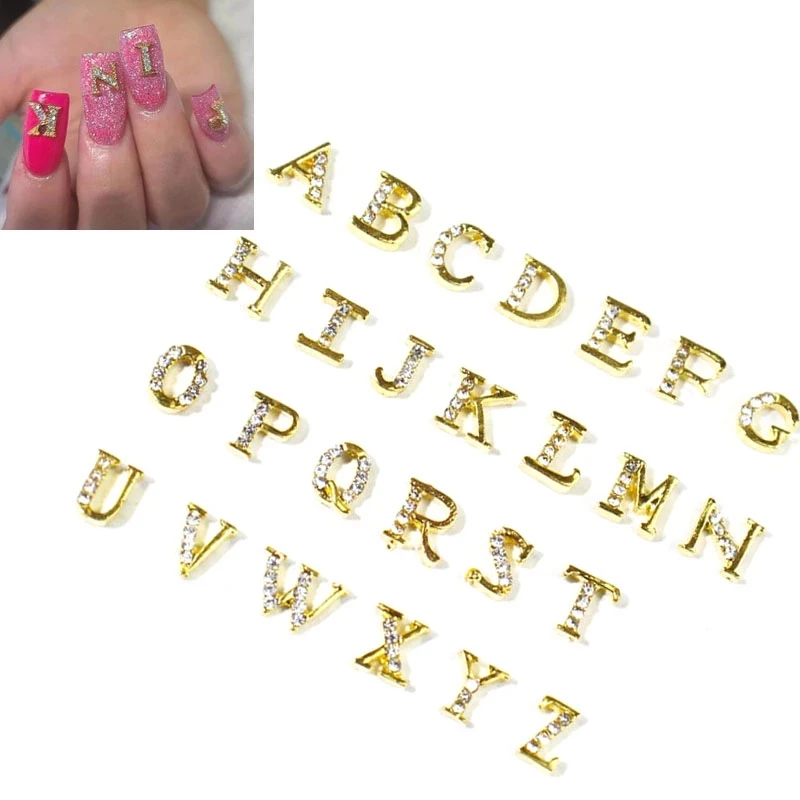 

26Pcs/Lot A-Z English Letters Gold Glitter 3D Metallic Rhinestone Nail Studs /AB Stone Nail Art Charm Alphabet AB Crystal B055