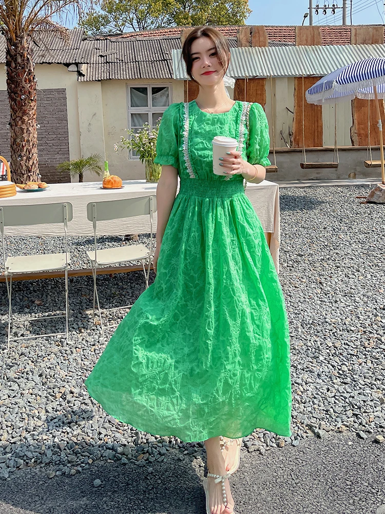 

French Style Elegant Spliced Short Sleeve O-neck Long Green Dress for Women 2022 Summer Slim Casual High Waist Maxi Dresses 1106