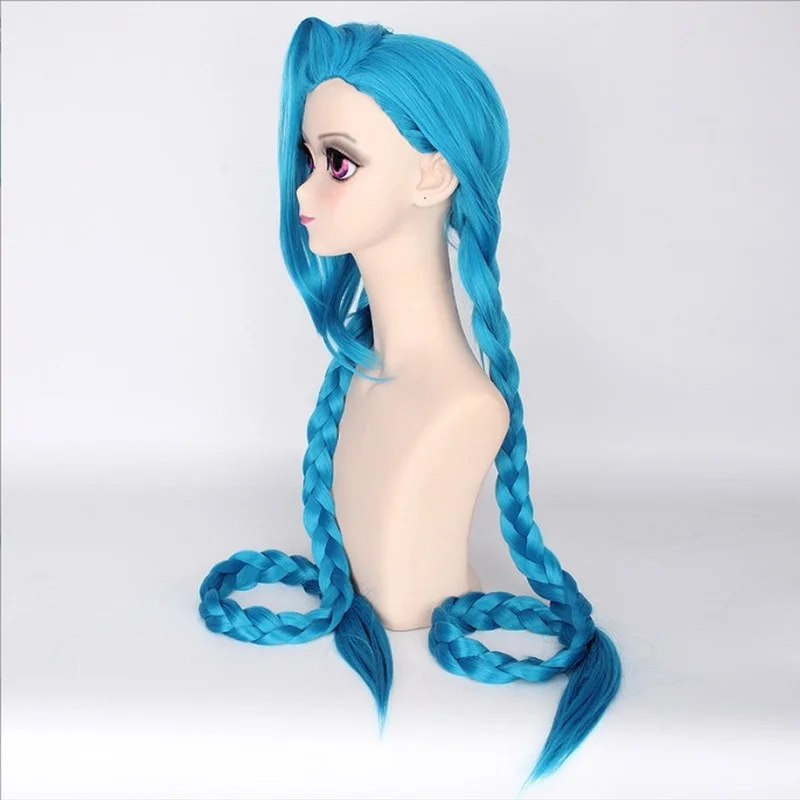 

120 см парики для косплея игры LOL Jinx для женщин и девочек синие длинные Двойные косы для конского хвоста термостойкие синтетические волосы