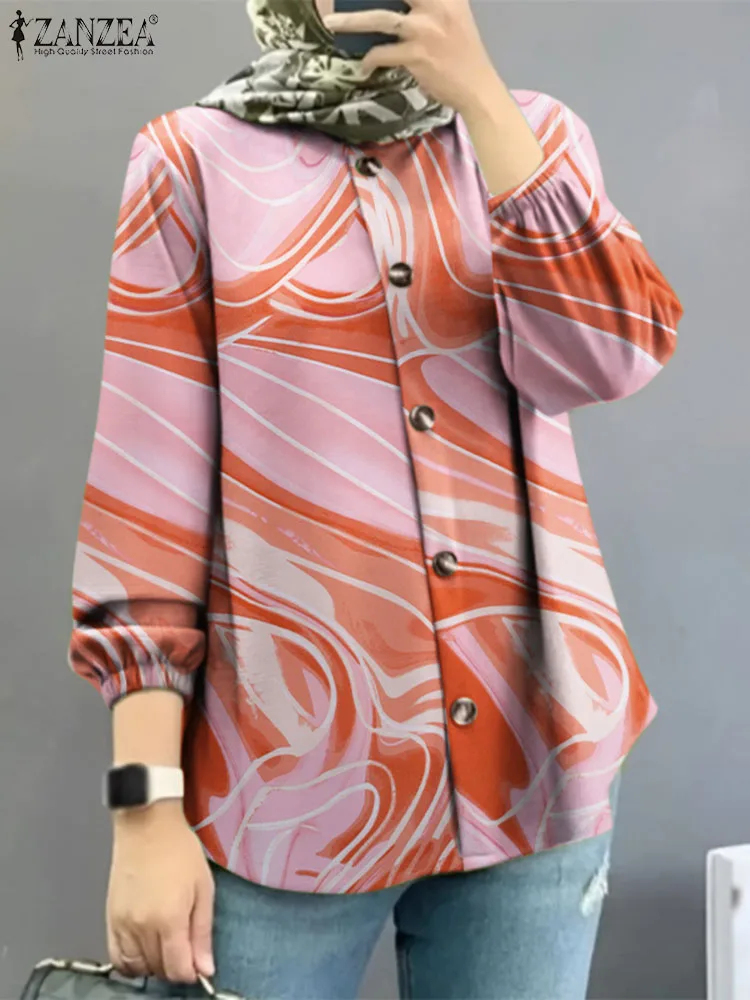 

Модная Женская туника с цветочным принтом ZANZEA, повседневная мусульманская женская блуза с круглым вырезом, богемная пляжная рубашка, Женская сорочка