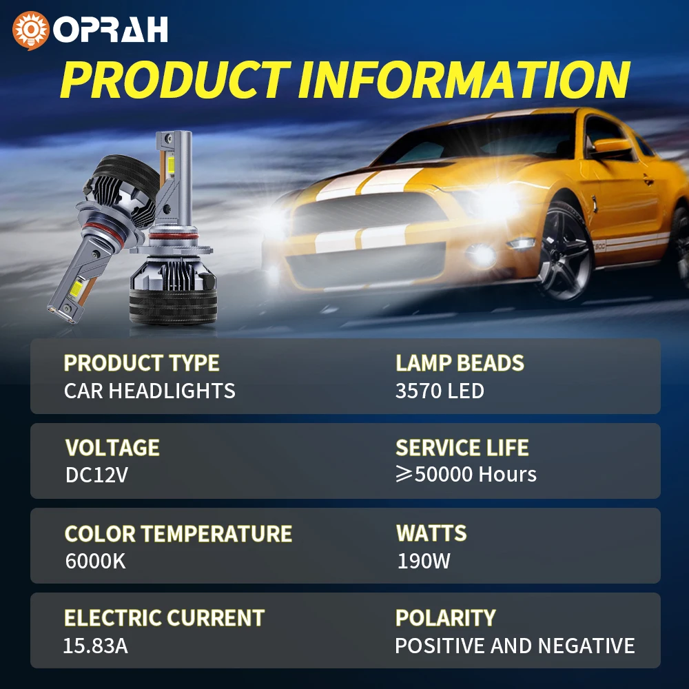 Oprah Автомобильные Фары 190 Вт Ультра Яркие Сменные H4 H11 H8 H9 H3 9005/HB3 9006/HB4 12 В