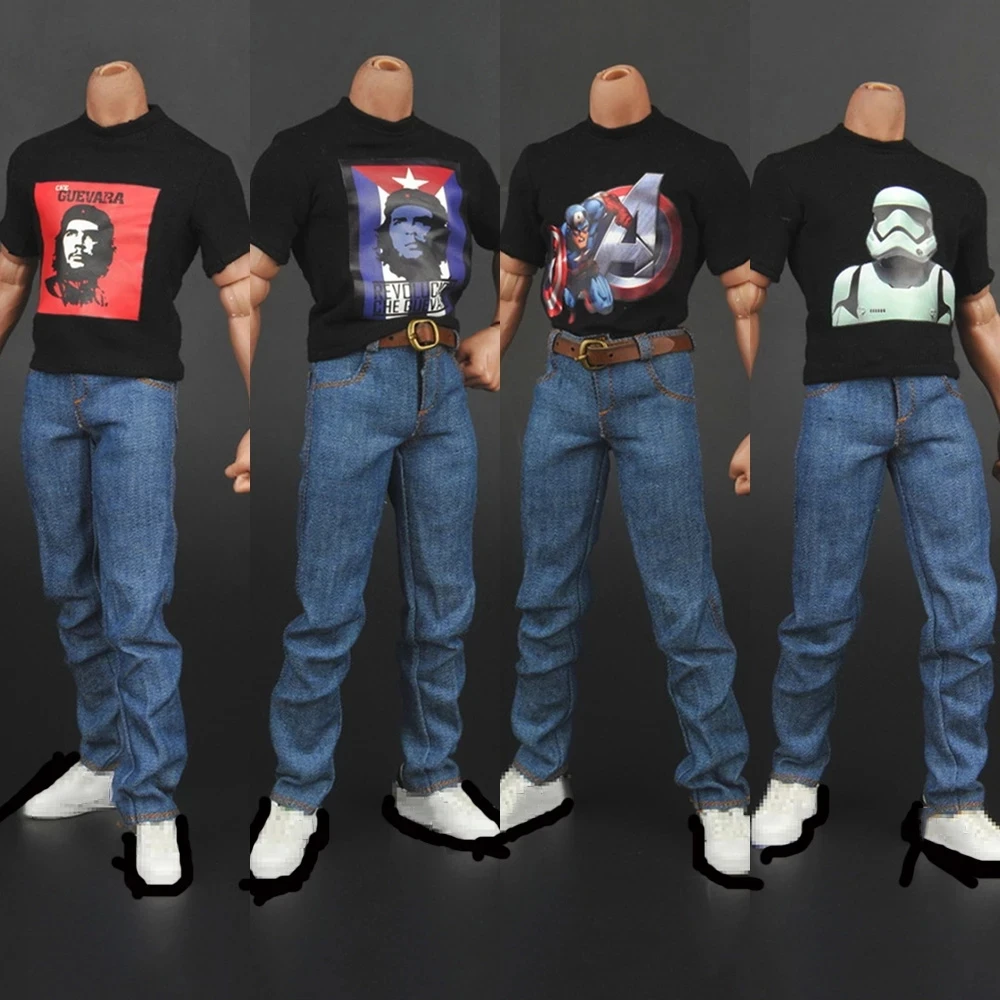 

ZY16-3 1/6 Scale Male Sodlier Slim Printing Black T-shirt Casual Jeans Set Clothes Accessries Fit 12'' Action Figure Body Toy