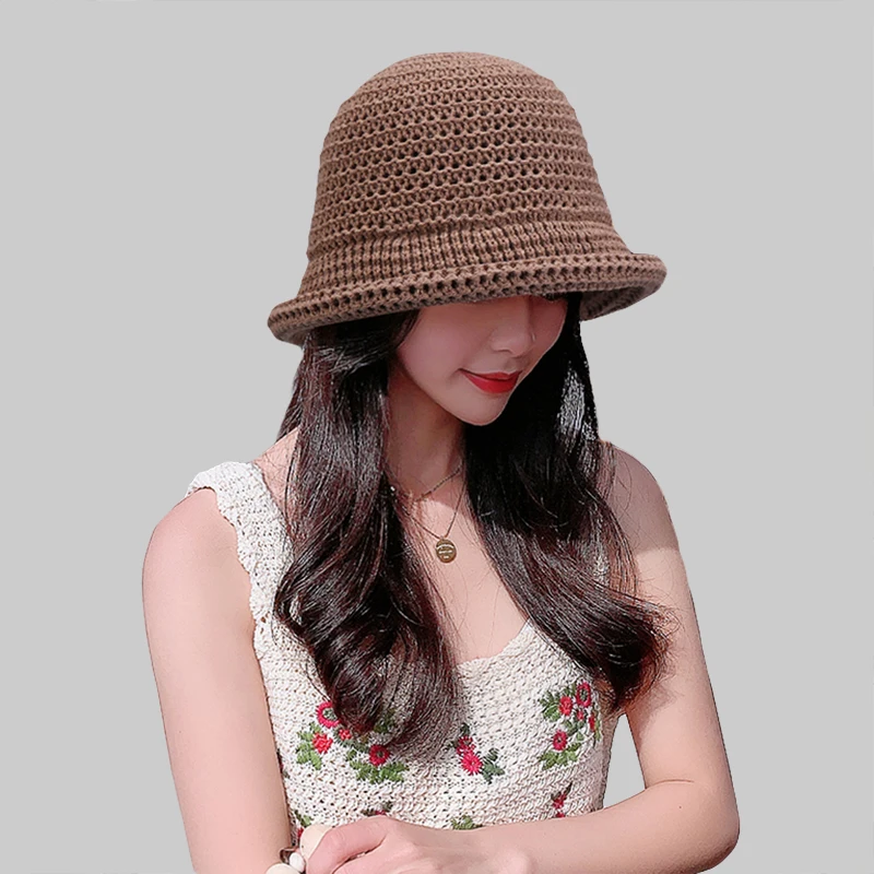 

NEW Breathable ice hemp knitted bucket hat for women summer hat 2023 Fashionable Curled Fisherman Hat Outdoor Sunshade Basin cap