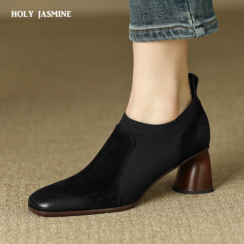 2023 New Fashion Comfortable Genuine Leather Women's Ankle Shoes Elegant Square Toe Thick Heels Pumps Party Casual Shoes Woman