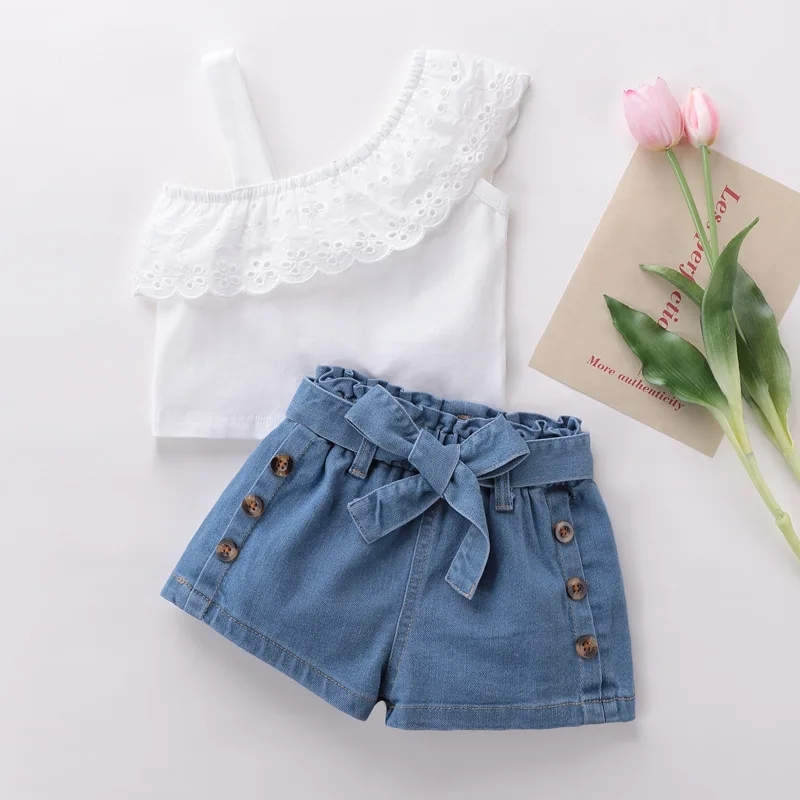 

Fashion Girls Set Solid Sleeveless Shirts Denim Shorts Two Piece Kids Suits for Baby Toodler Children 2023 New Summer Clothing