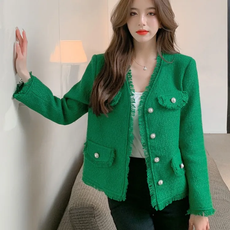 

High quality Women Green Tweed Jacket Coat Autumn Winter V-Neck Pearl Button Tassel Blends Wool Female Long Sleeve Outerwear