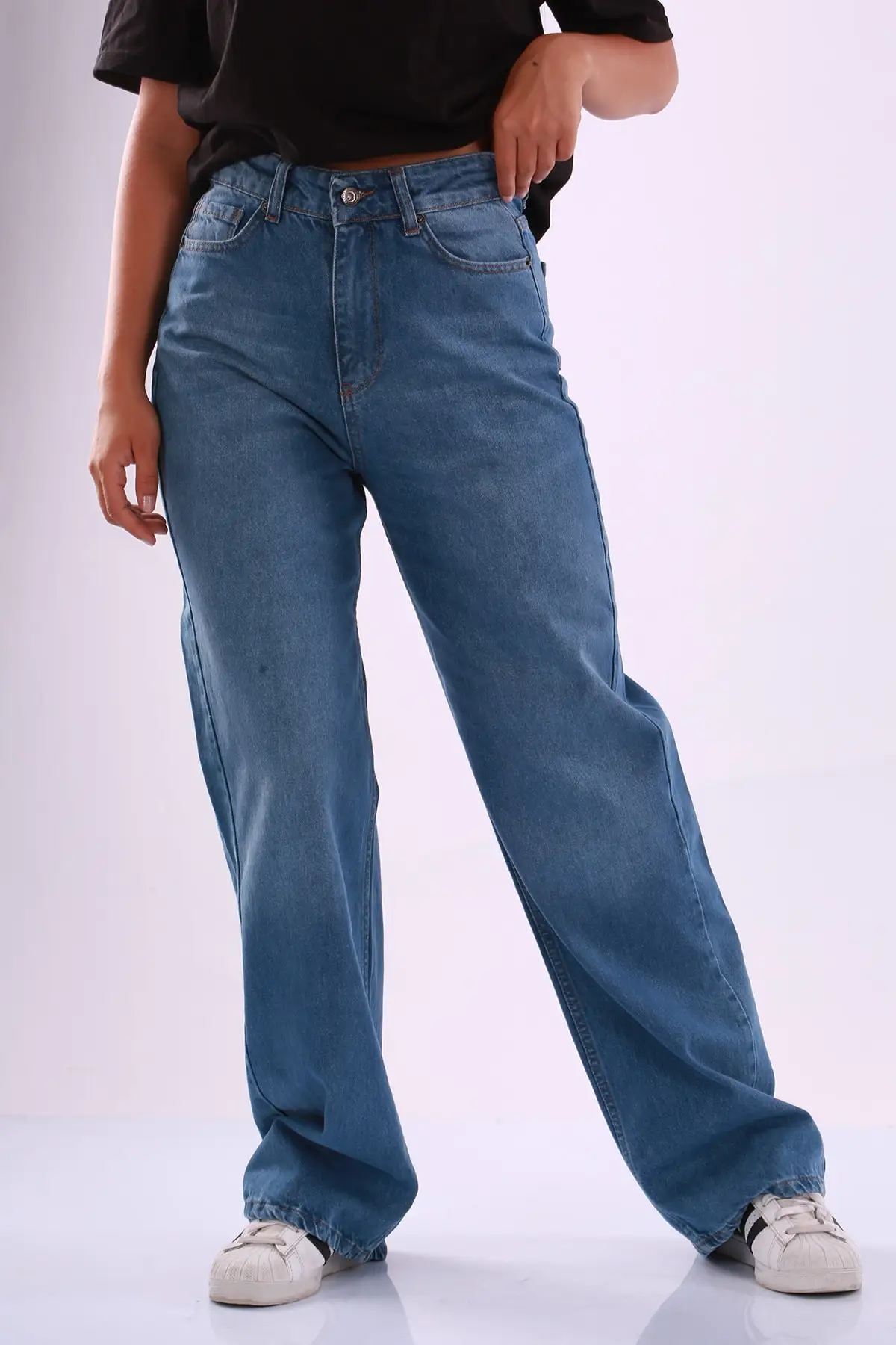 Women's Jean Girls Blue Full Length High Waist Straight Pant Streetwear Female Jeans Buttons Zipper Ladies
