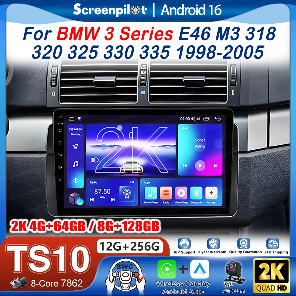 Фото Авторадио CarPlay Android 15 для BMW 3 серии E46 M3 318 320 325 330 335 1998-2005 с GPS-навигацией Беспроводная камера заднего вида №1