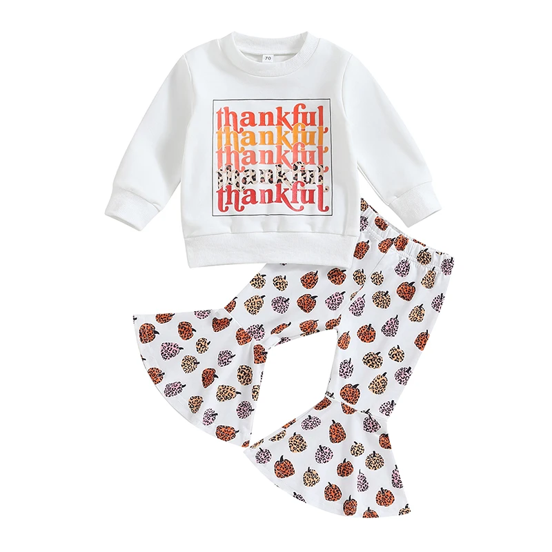 

Toddler Girls Thanksgiving Outfits Letter Print Long Sleeve Sweatshirt and Pumpkin Print Flare Pants Set Cute Clothes