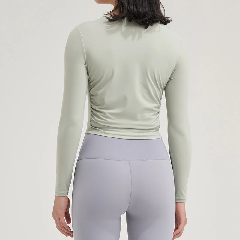 Solid Color Women Sports Tops Round Neck Long Sleeve Yoga Shirts Tight Thin Waist Folds Fitness T-shirt Gym Workout Sportswear