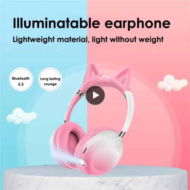 

Cute Stereo Wireless Headset 5.3 Stereo Cute Music Helmet For Pc Gamer Cat Ear Gradient Cat Ears Earphones Earphone
