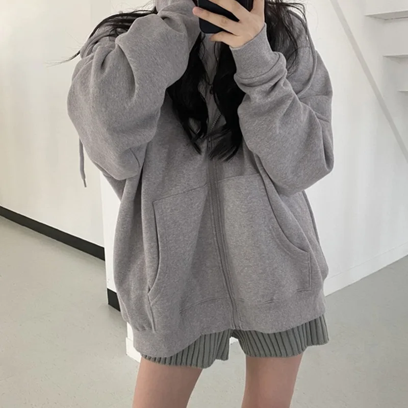 

Women Hoodie Harajuku Korean Version Oversized Solid Color Zip Up Sweatshirt Female Casual Long Sleeve Pocket Hooded Coat Jacket