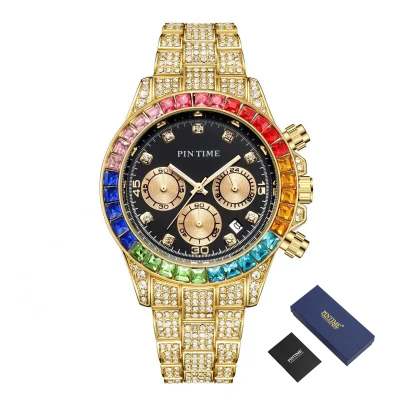 

Часы наручные PINTIME мужские с хронографом, модные брендовые Роскошные с бриллиантами, со сверкающими стразами, золотистые стальные