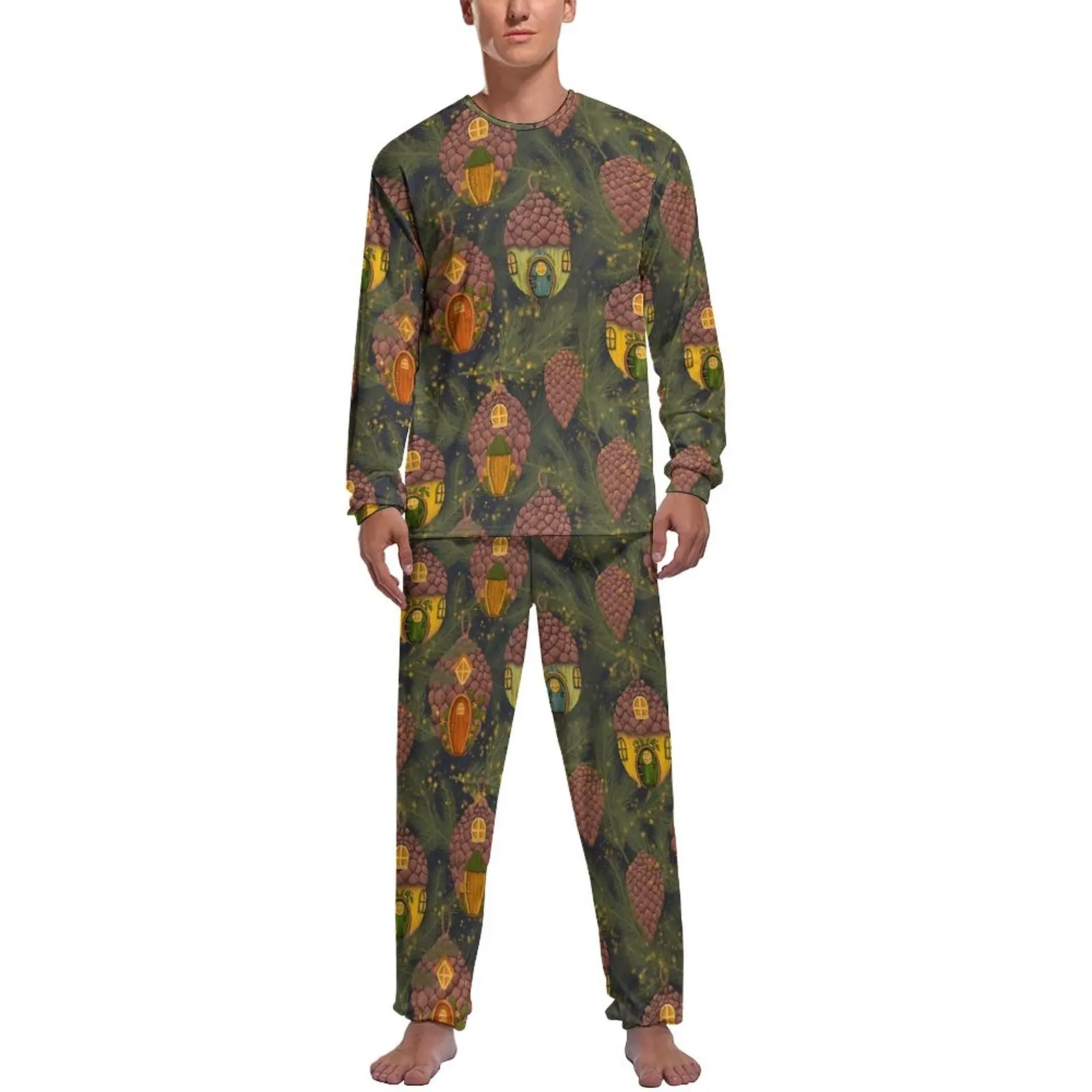 

Pine Cones Village Pajamas Spring Cartoon Print Night Home Suit Man 2 Piece Graphic Long-Sleeve Lovely Pajama Sets
