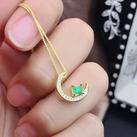 meibapj natural emerald gemstone small moon pendant necklace real 925 pure silver green stone fine wedding jewelry for women
