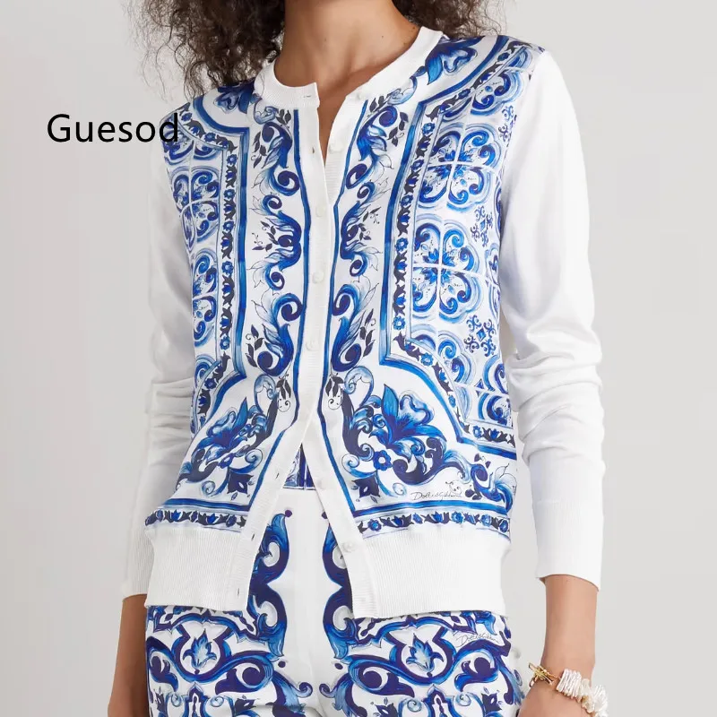 

Guesod Women All Match OL Long Sleeve White Wool Knitting Cardigan 2022Autumn Porcelain Print Silk Single Breasted Top NewArrive