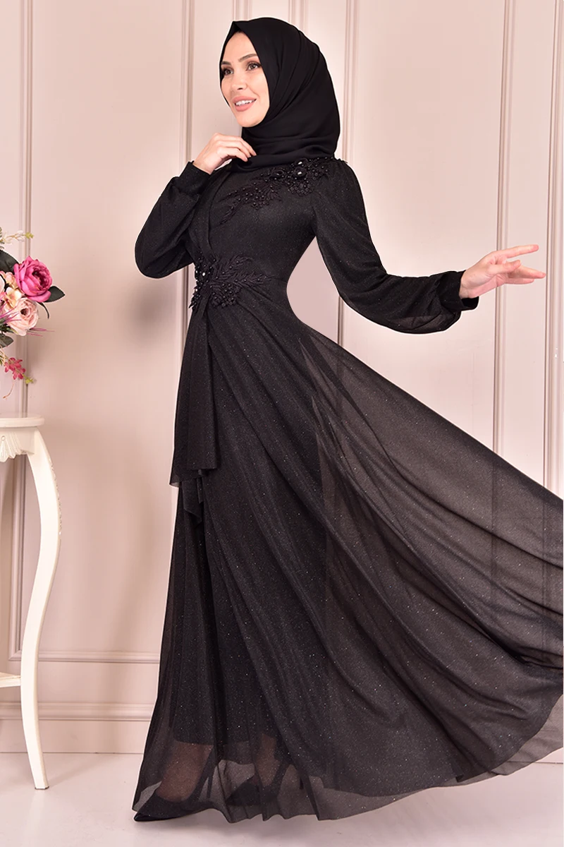 

Güpür Detay Simli Abiye Siyah KBR10022