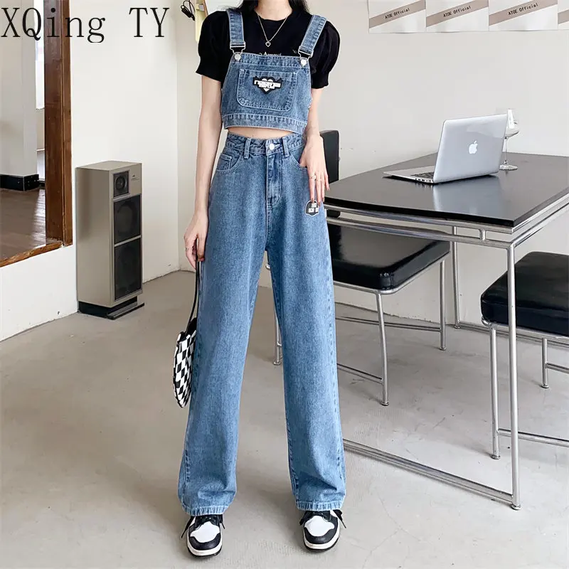 

Женский джинсовый брючный костюм, комплект из двух предметов, винтажный топ на бретелях и длинные брюки с высокой талией, 2022