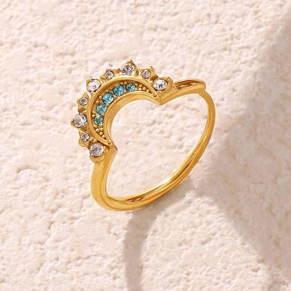 Кольцо женское позолоченное из нержавеющей стали с инкрустацией в виде Солнца и