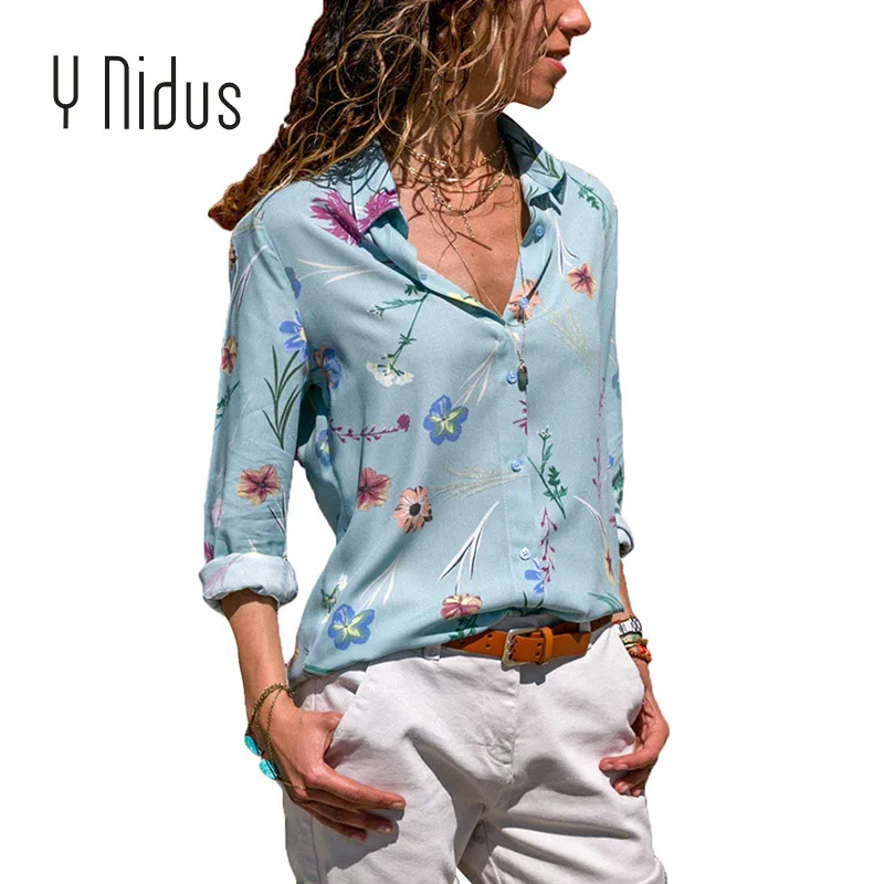 Женская шифоновая блузка с цветочным принтом длинным рукавом и V-образным