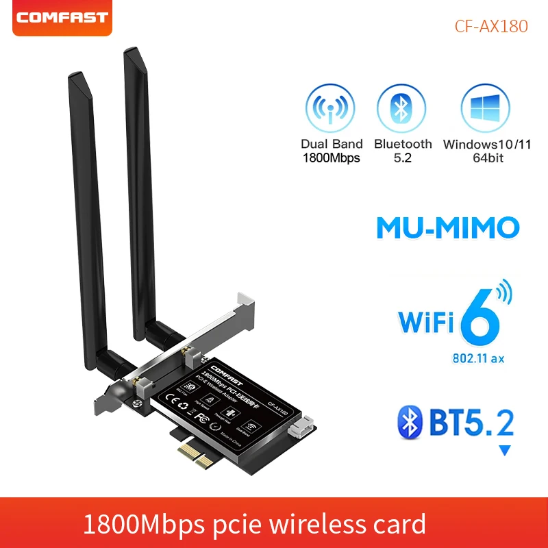 

WiFi 6 1800Mbps Pcie Network Card MU-MIMO 802.11ax Dual Band 2.4/5Ghz WiFi6 PCI-E Wireless Adapter 5dBi Antenna for PC Win10 11